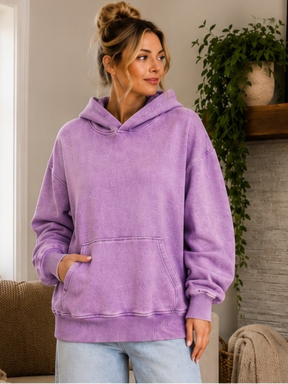 366. Women's Lavender Fleece Acid Wash Kangaroo Pocket Hoodie NEW